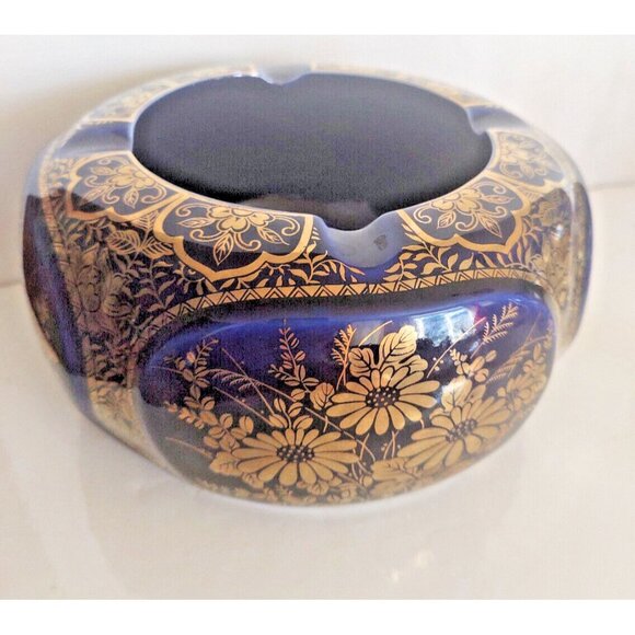 Large Vintage Andrea by Sadek Ceramic Gold & Blue Floral Ashtray 7" - Picture 1 of 16
